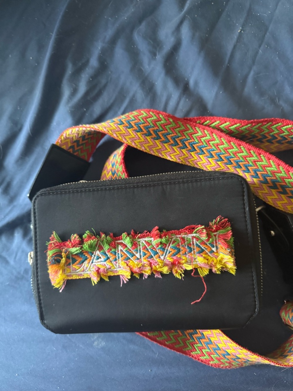 Lanvin Black Crossbody Bag with Multicolor Fringe and Chevron Strap